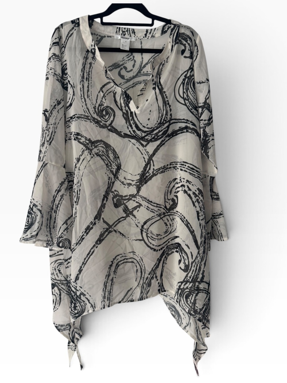 Masseys Women's White Black Abstract Swirl Lagenlook Sharkbite Tunic Blouse XL